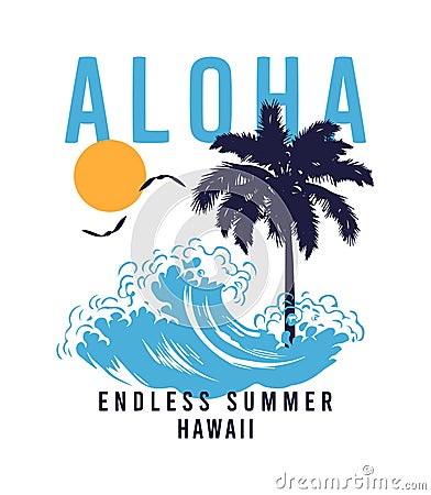 Aloha, Hawaii t-shirt design with waves, palm tree and sun. Vector Illustration